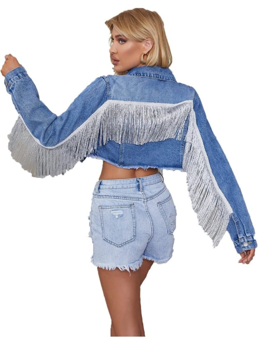 Women’s Dark Blue Denim Lightweight Jacket Tassel Casual Jean Coat With Fringe